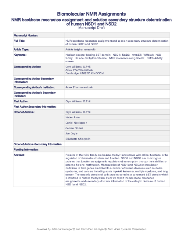 (PDF) NMR backbone resonance assignment and solution secondary ...