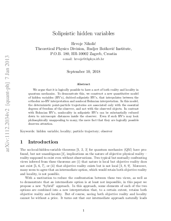 (PDF) Solipsistic Hidden Variables