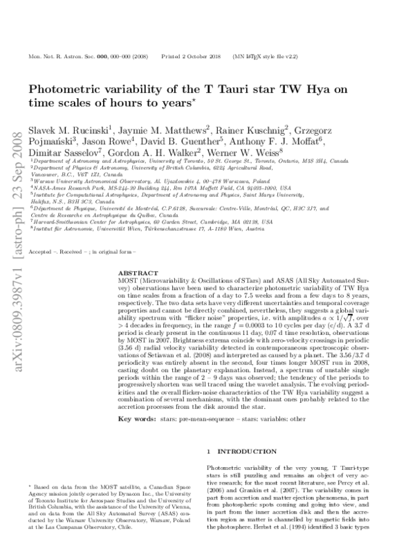 (PDF) Photometric variability of the T Tauri star TW Hya on time-scales ...