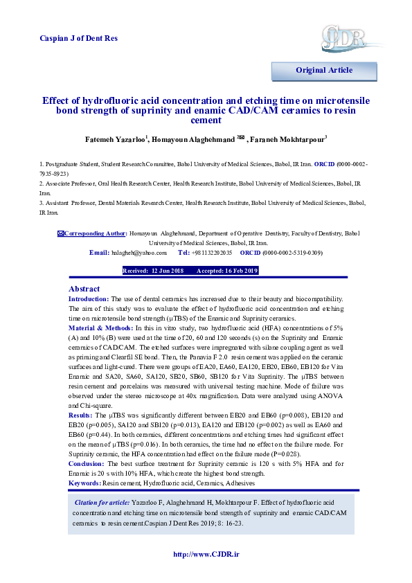 (PDF) Effect of hydrofluoric acid concentration and etching time on