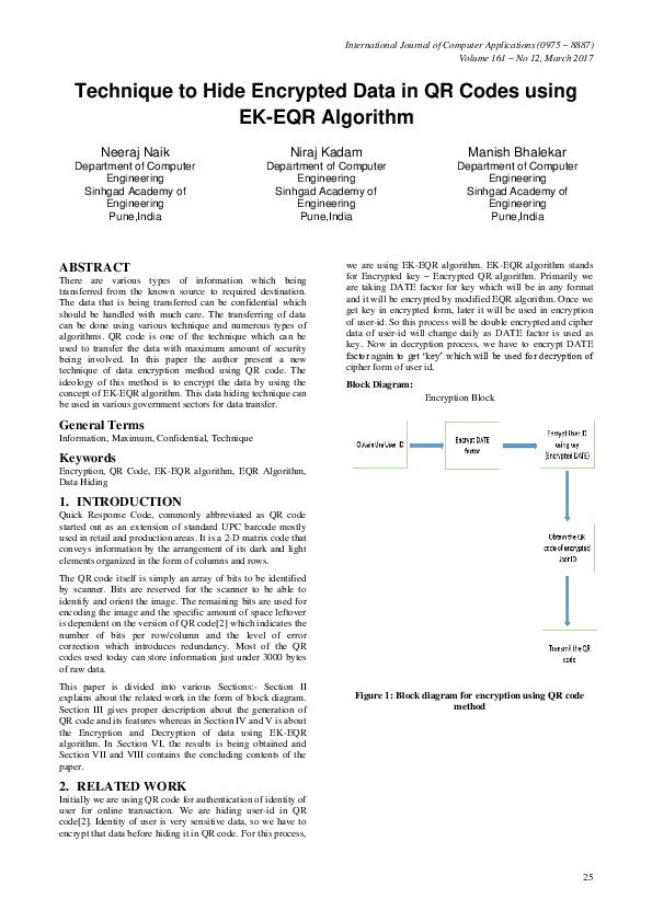 (PDF) Technique to Hide Encrypted Data in QR Codes using EK-EQR Algorithm