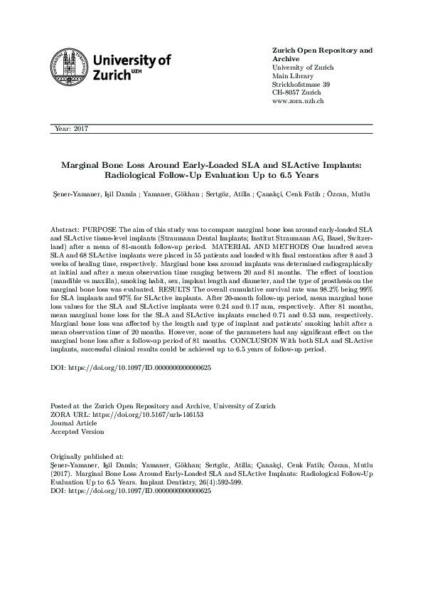 (PDF) Marginal Bone Loss Around Early-Loaded SLA and SLActive Implants ...