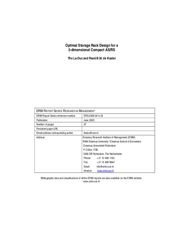 (PDF) Optimal storage rack design for a 3dimensional compact AS/RS