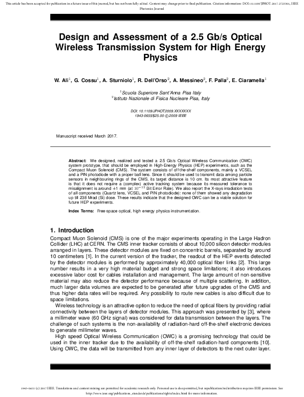 (PDF) Design and Assessment of a 2.5 Gb/s Optical Wireless Transmission ...