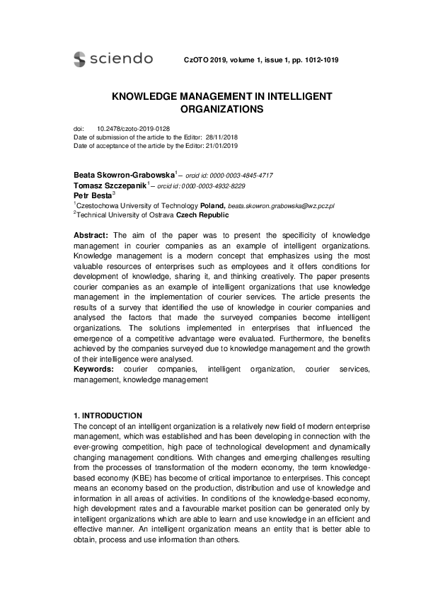 (PDF) Knowledge Management in Intelligent Organizations