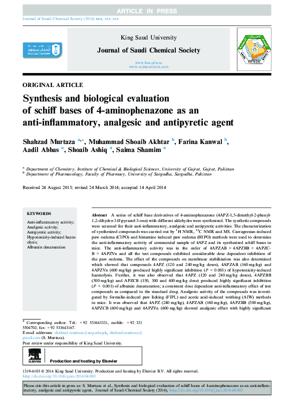 (PDF) Synthesis and biological evaluation of Schiff bases and ...