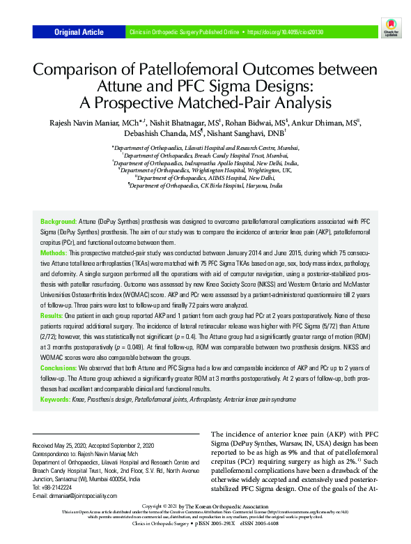 (PDF) Comparison of Patellofemoral Outcomes between Attune and PFC ...