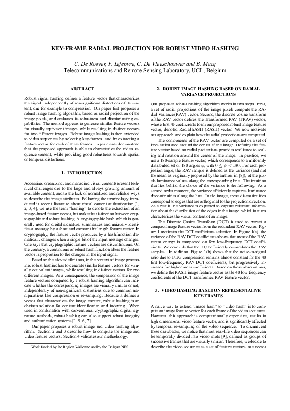 Key-frame radial projection for robust video hashing