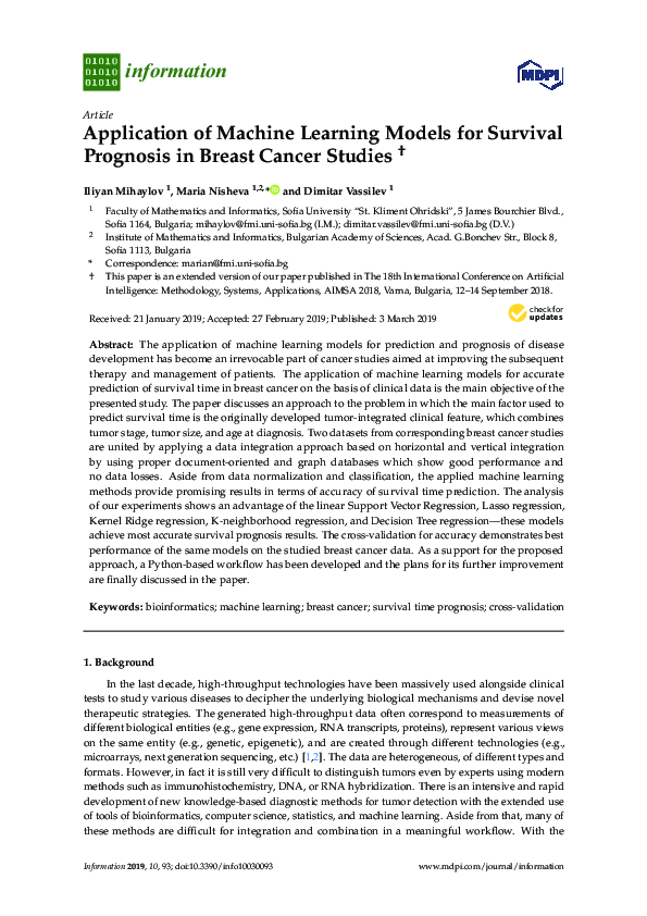 (PDF) Application of Machine Learning Models for Survival Prognosis in ...