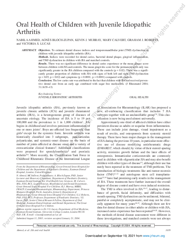 (PDF) Oral health of children with juvenile idiopathic arthritis