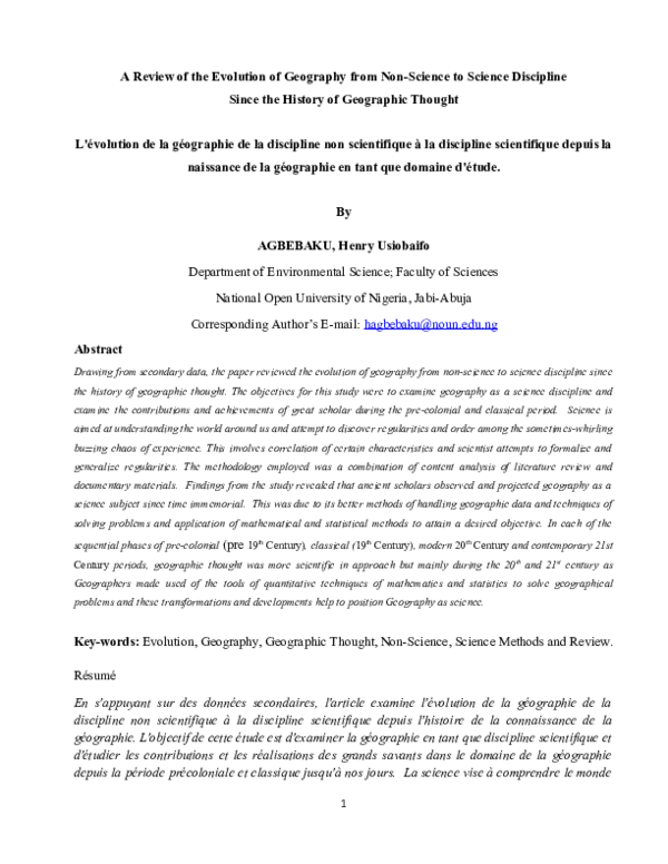 (DOC) A Review of the Evolution of Geography from NonScience to