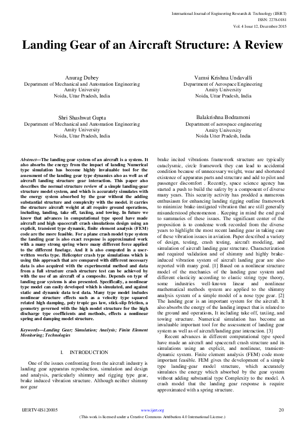 (PDF) Landing Gear of an Aircraft Structure: A Review