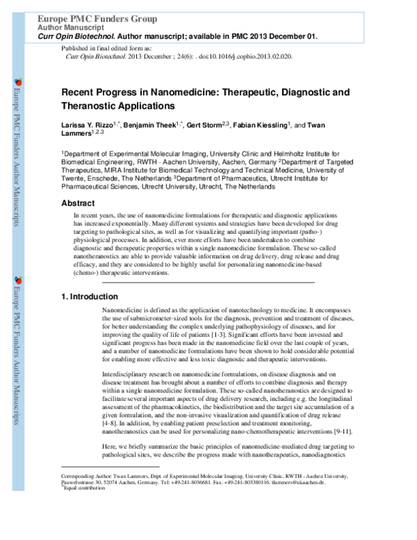 (PDF) Recent progress in nanomedicine: therapeutic, diagnostic and ...