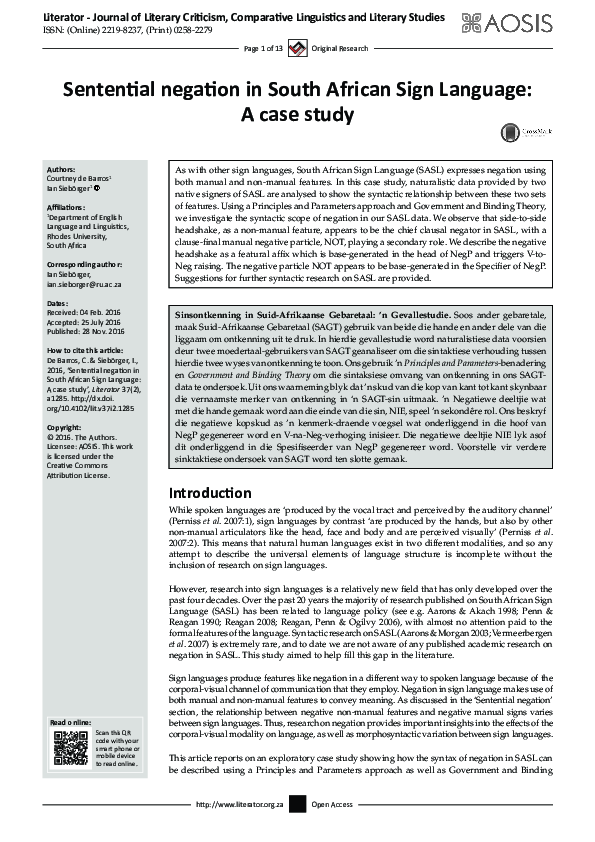 (PDF) Sentential negation in South African Sign Language: A case study