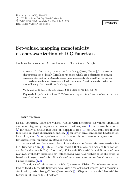 (PDF) Set-valued mapping monotonicity as characterization of D.C functions