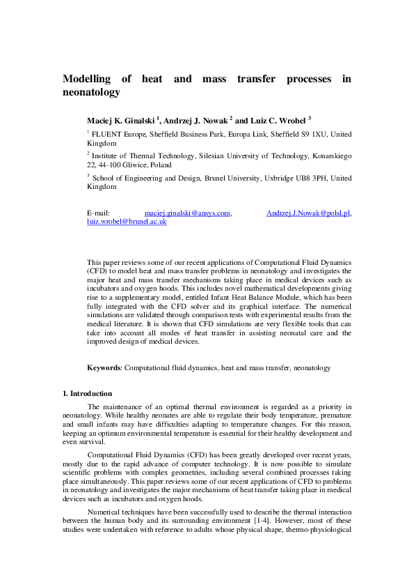(PDF) Modelling of heat and mass transfer processes in neonatology
