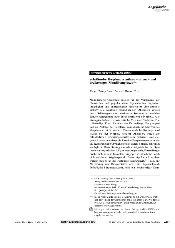 (PDF) Schrittweise Festphasensynthese von zwei- und dreikernigen Metallkomplexen | Katja Heinze ...