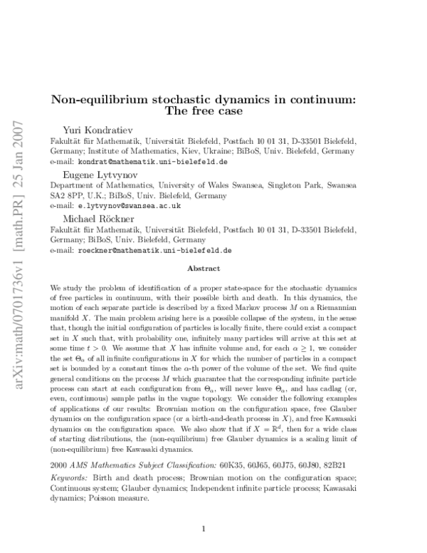 (PDF) Non-equilibrium stochastic dynamics in continuum: The free case