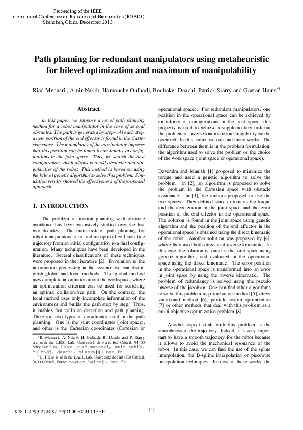 (PDF) Path planning for redundant manipulators using metaheuristic for ...