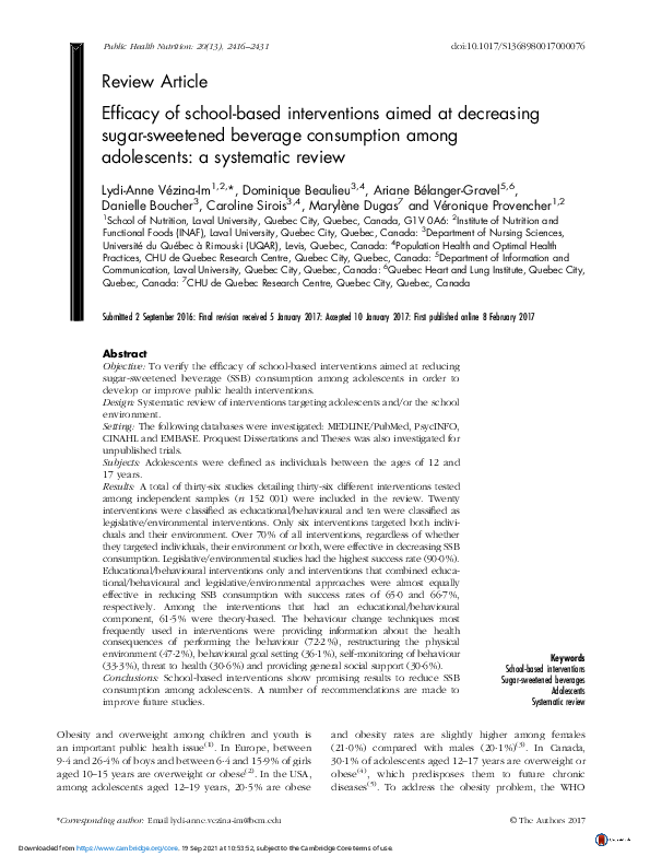 Pdf Efficacy Of School Based Interventions Aimed At Decreasing Sugar