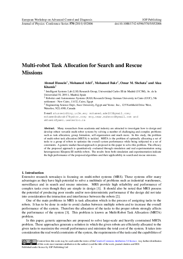 (PDF) Multi-robot Task Allocation for Search and Rescue Missions