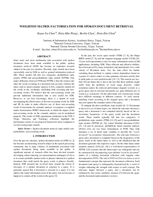 (PDF) Weighted matrix factorization for spoken document retrieval