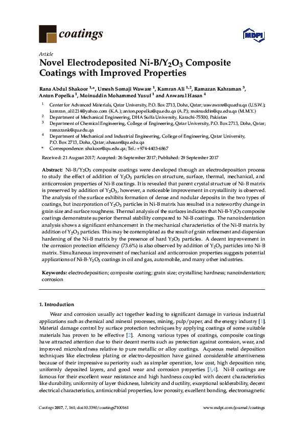 (PDF) Novel Electrodeposited Ni-B/Y2O3 Composite Coatings with Improved ...