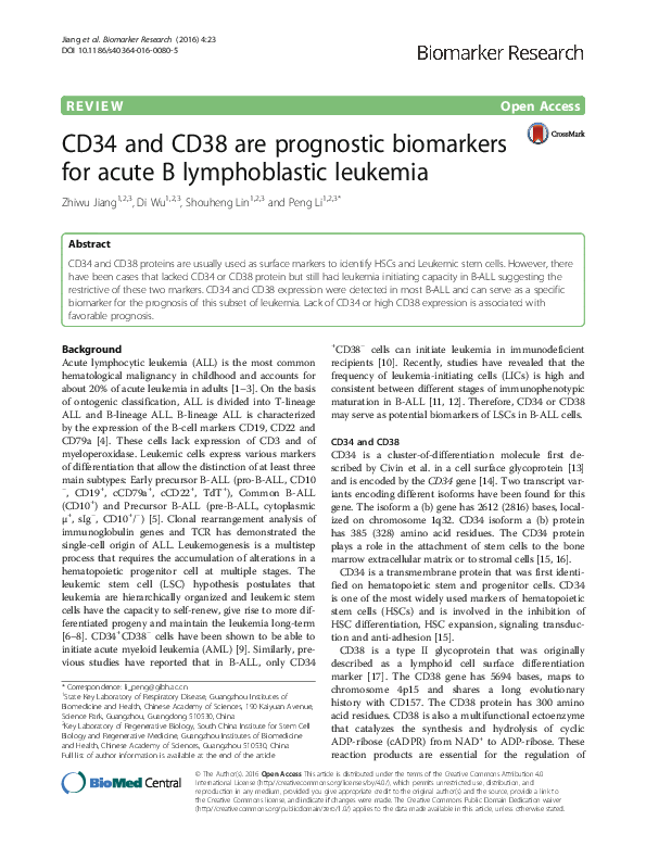 (PDF) CD34 and CD38 are prognostic biomarkers for acute B lymphoblastic ...