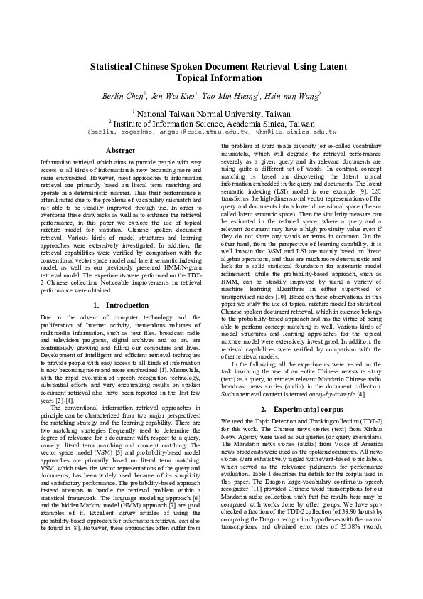 (PDF) Statistical Chinese spoken document retrieval using latent ...