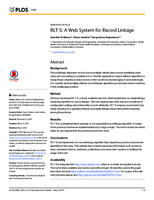 (PDF) RLT-S: A Web System for Record Linkage