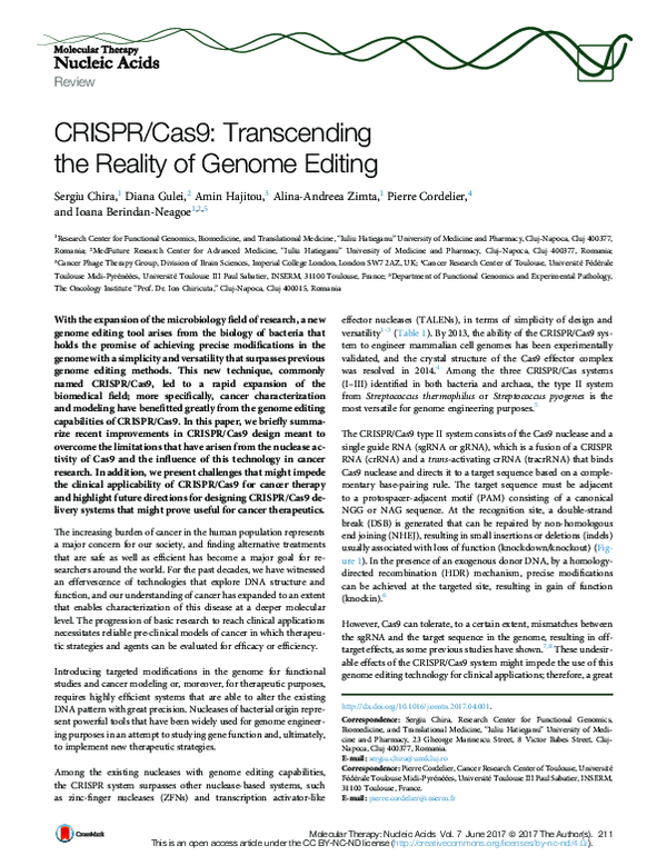 (PDF) CRISPR/Cas9: transcending the reality of genome editing