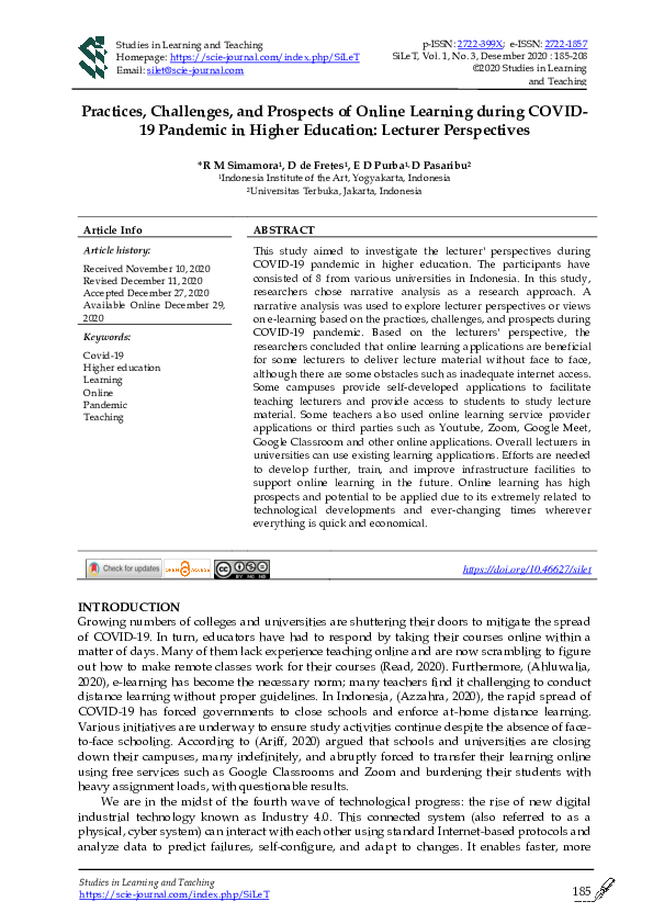 (PDF) Practices, Challenges, and Prospects of Online Learning during ...