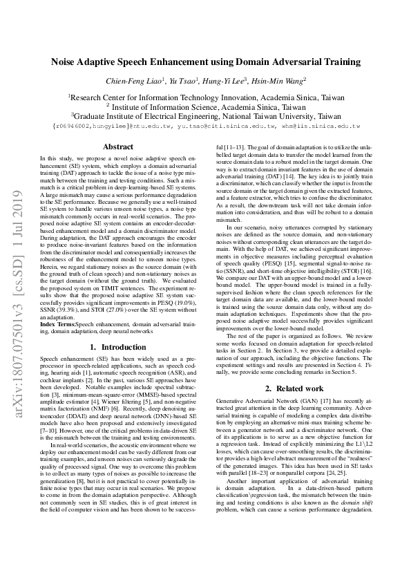 (PDF) Noise Adaptive Speech Enhancement Using Domain Adversarial Training
