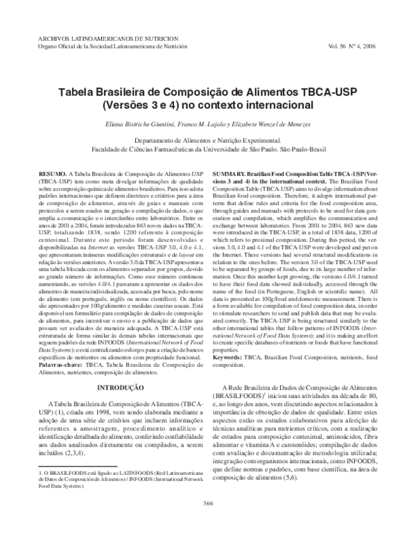 (PDF) Tabela Brasileira de Composição de Alimentos (TBCA-USP): dados de ...