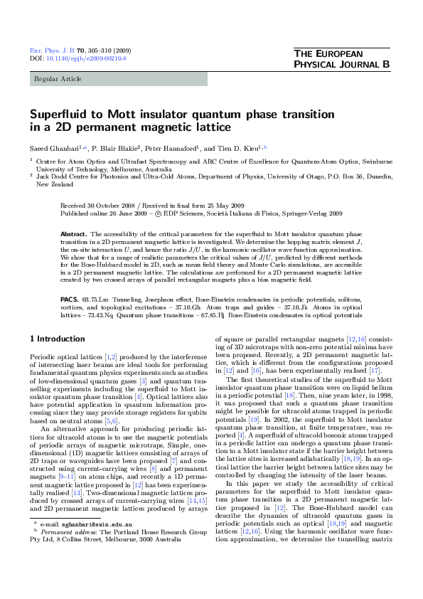 (PDF) Superfluid to Mott insulator quantum phase transition in a 2D ...