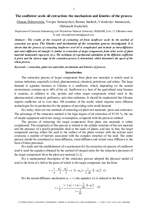 (PDF) The sunflower seeds oil extraction the mechanism and of
