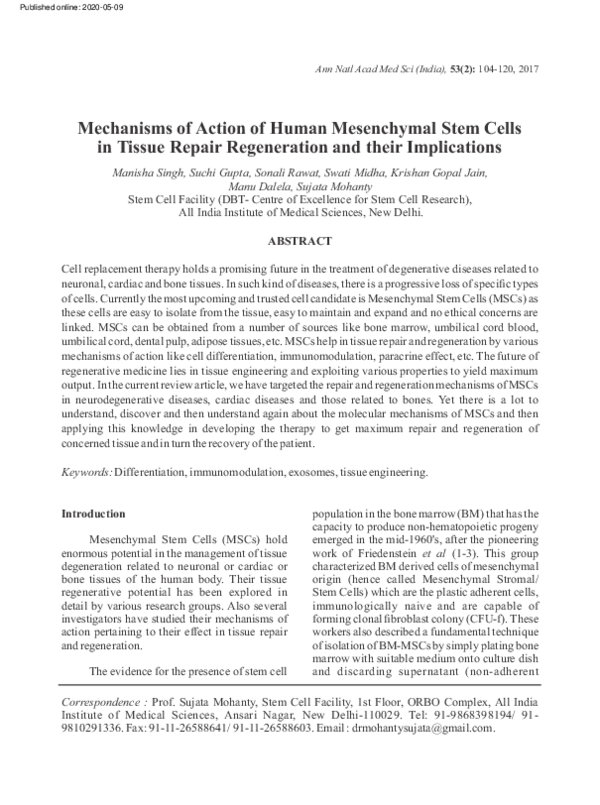 (PDF) Mechanisms of Action of Human Mesenchymal Stem Cells in Tissue ...