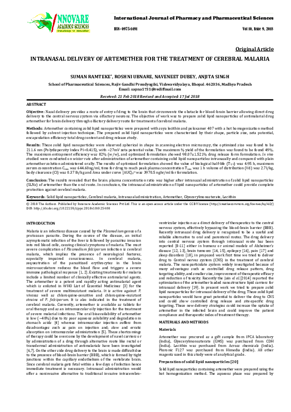 (PDF) Intranasal Delivery of Artemether for the Treatment of Cerebral ...