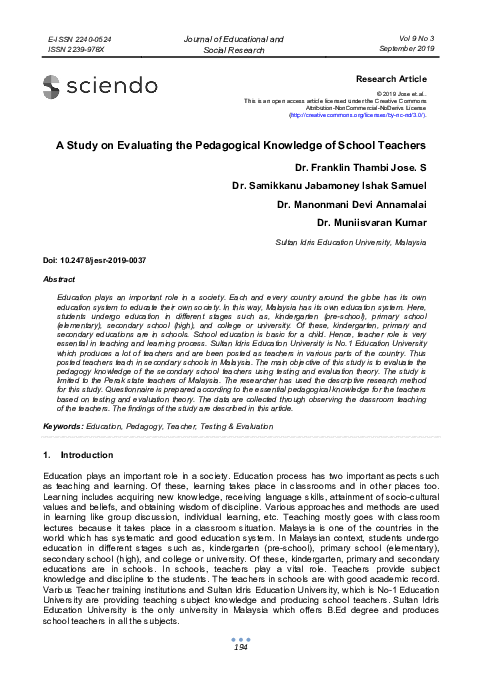 (PDF) A Study on Evaluating the Pedagogical Knowledge of School Teachers