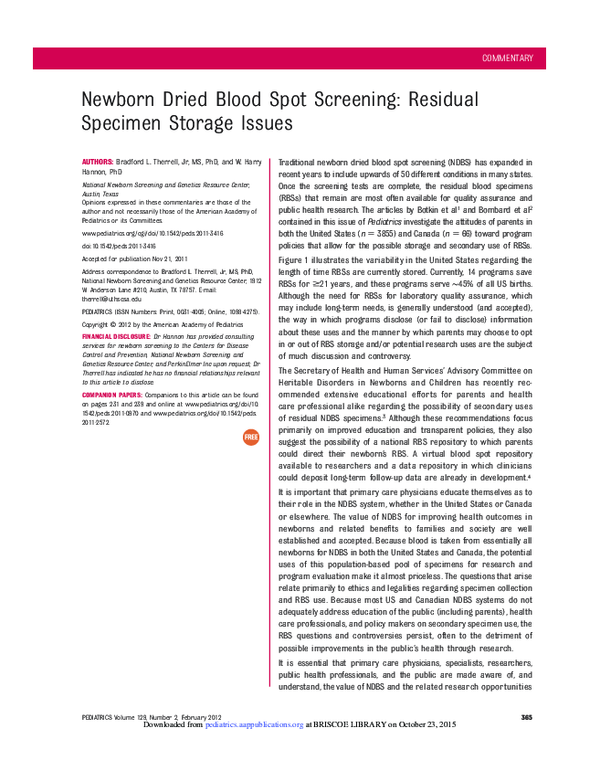 (PDF) Newborn Dried Blood Spot Screening: Residual Specimen Storage Issues