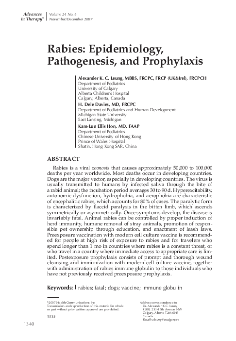 (PDF) Rabies: Epidemiology, pathogenesis, and prophylaxis