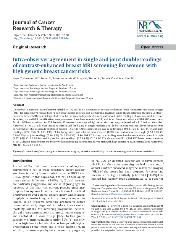 (PDF) Intra-observer agreement in single and joint double readings of ...