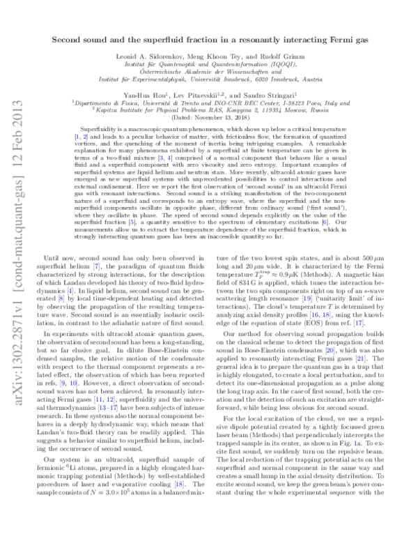 (PDF) Second sound and the superfluid fraction in a resonantly ...