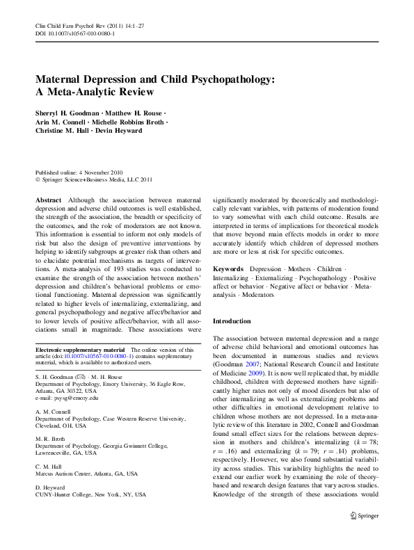 (PDF) Maternal Depression and Child Psychopathology: A Meta-Analytic Review
