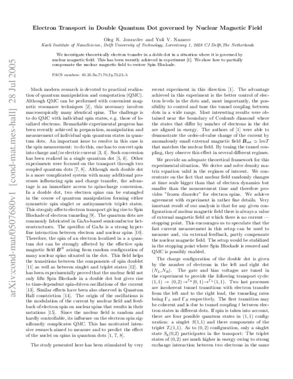 (PDF) Electron Transport in a Double Quantum Dot Governed by a Nuclear ...