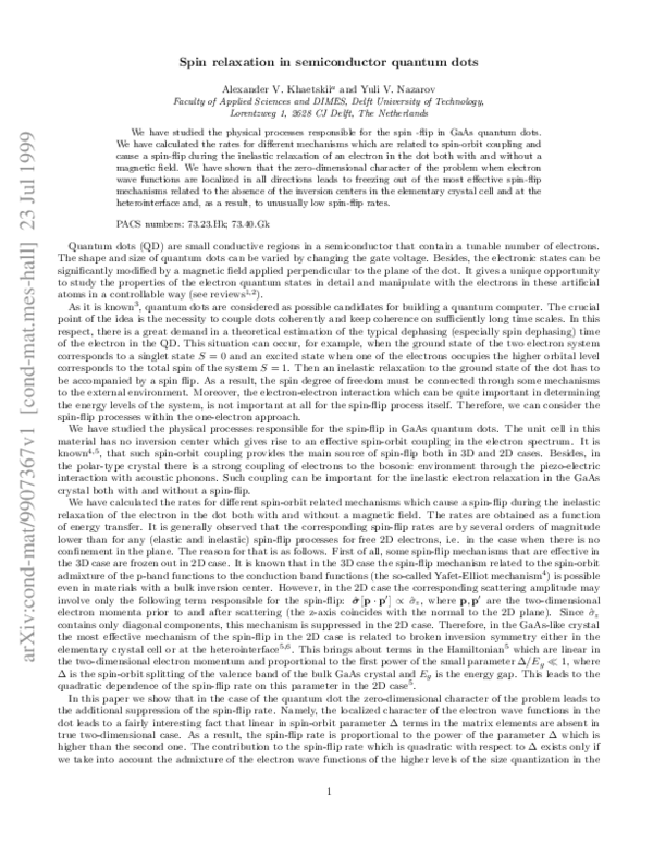 (PDF) Spin relaxation in semiconductor quantum dots