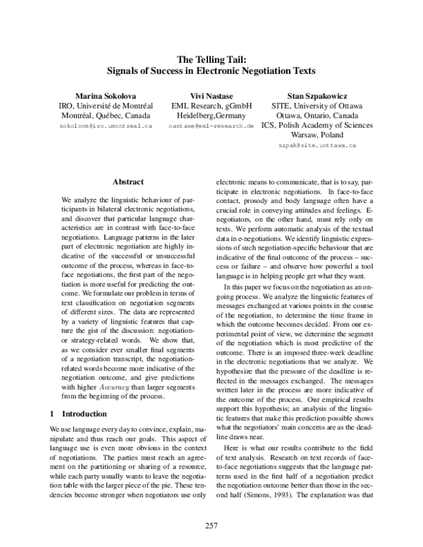 (PDF) The telling tail: signals of success in electronic negotiation texts