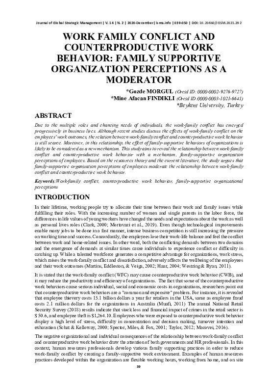 (PDF) WORK FAMILY CONFLICT AND COUNTERPRODUCTIVE WORK BEHAVIOR: FAMILY ...