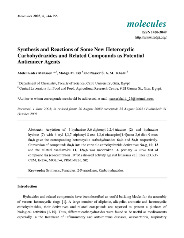 (PDF) Synthesis and Reactions of Some New Heterocyclic Carbohydrazides ...