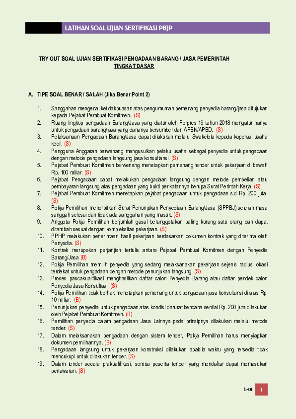 Pdf Latihan Soal Ujian Sertifikasi Pbjp Try Out Soal Ujian